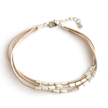 Cream Leather Stranded Bracelet with Square Silvery Beads